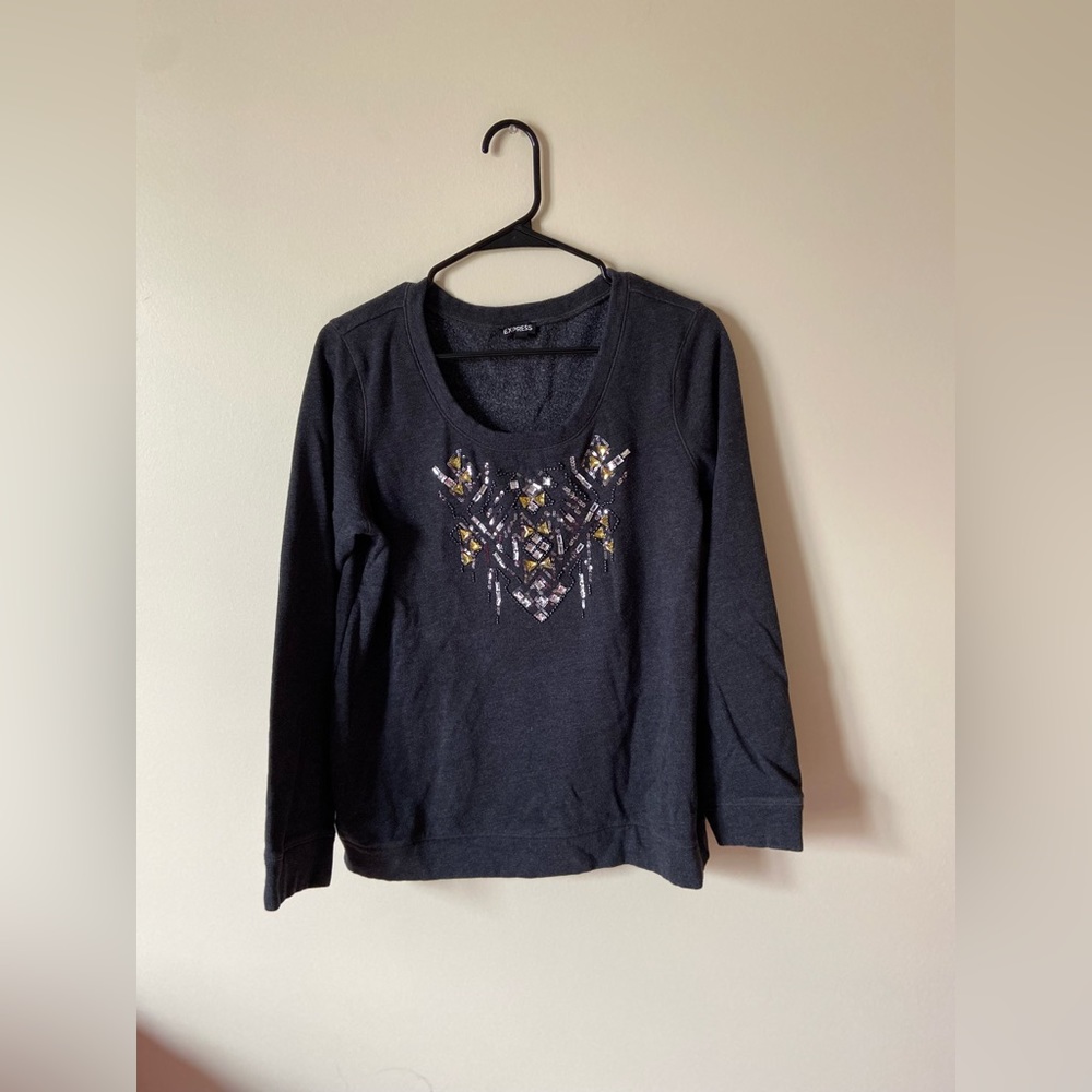 EXPRESS Embellished Crew Neck Sweater in Dark Grey - Size L